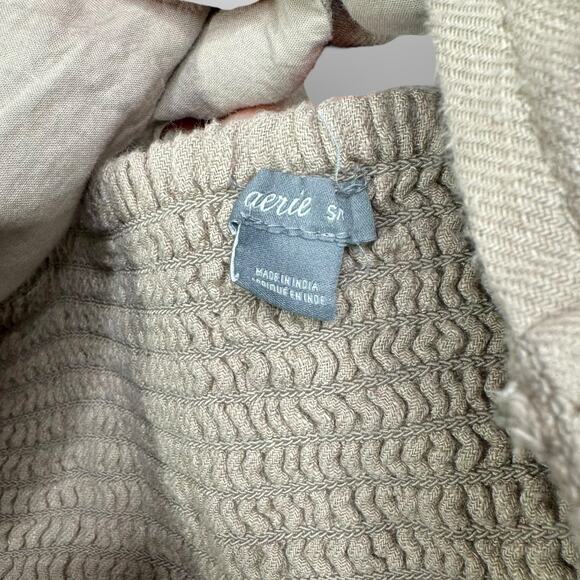 Aerie Bow Tie Crop Top I Small Tan Smocked  V Neck Summer Cami 100% Cotton Boho - Picture 5 of 6